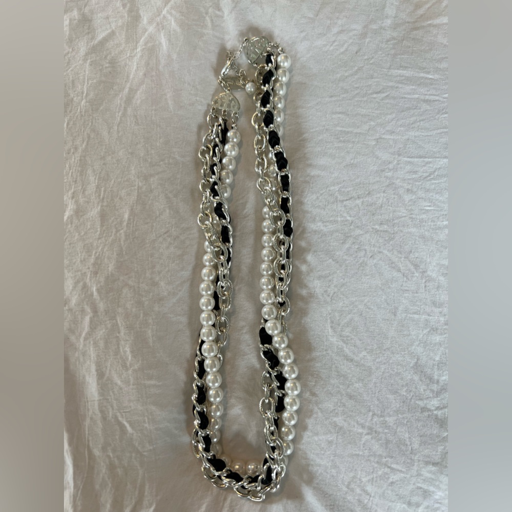 White House Black Market 3 strand pearl, black ribbon & silver chain necklace